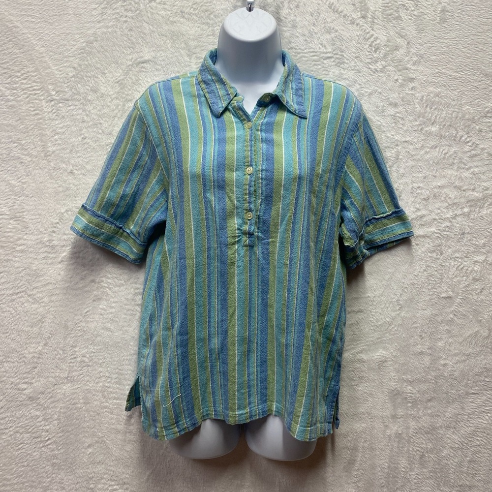 Orvis Striped ButtonUp Shirt Women Medium Blue Cotton Short Sleeve Beach Coastal